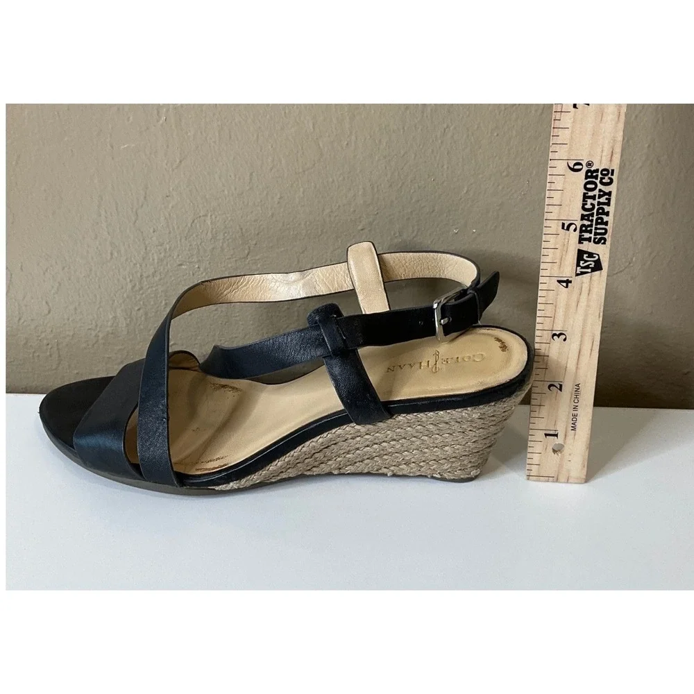 Cole Haan Grand 360 Espadrille Wedge Black Leather Sandals Strappy Summer Casual